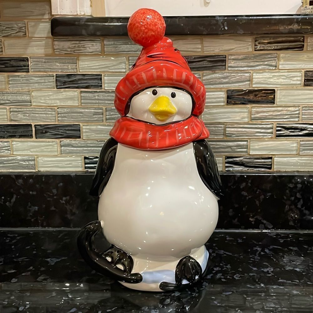 Pfaltzgraff Penguin Skate Red White Black Cookie Jar In Box- Box Has Damage